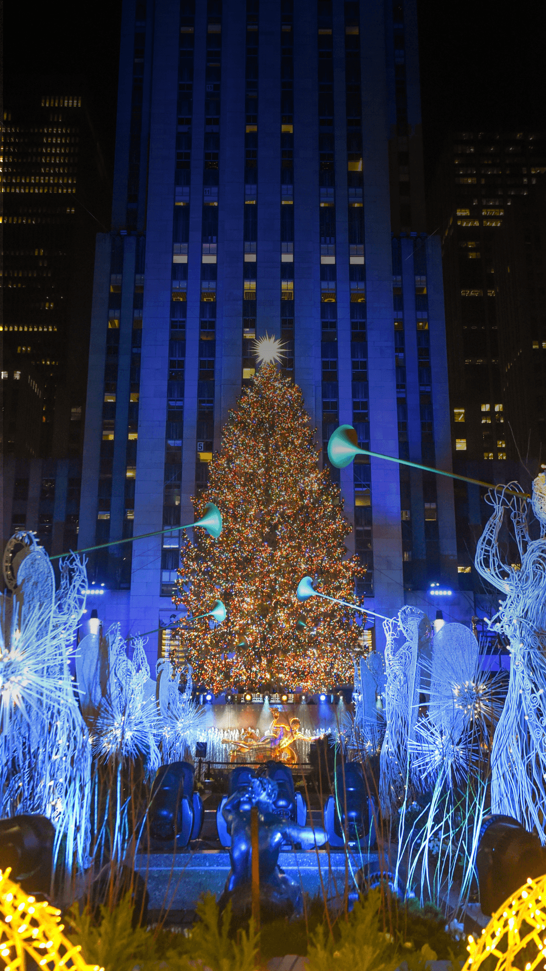 A large christmas tree in front of a tall building