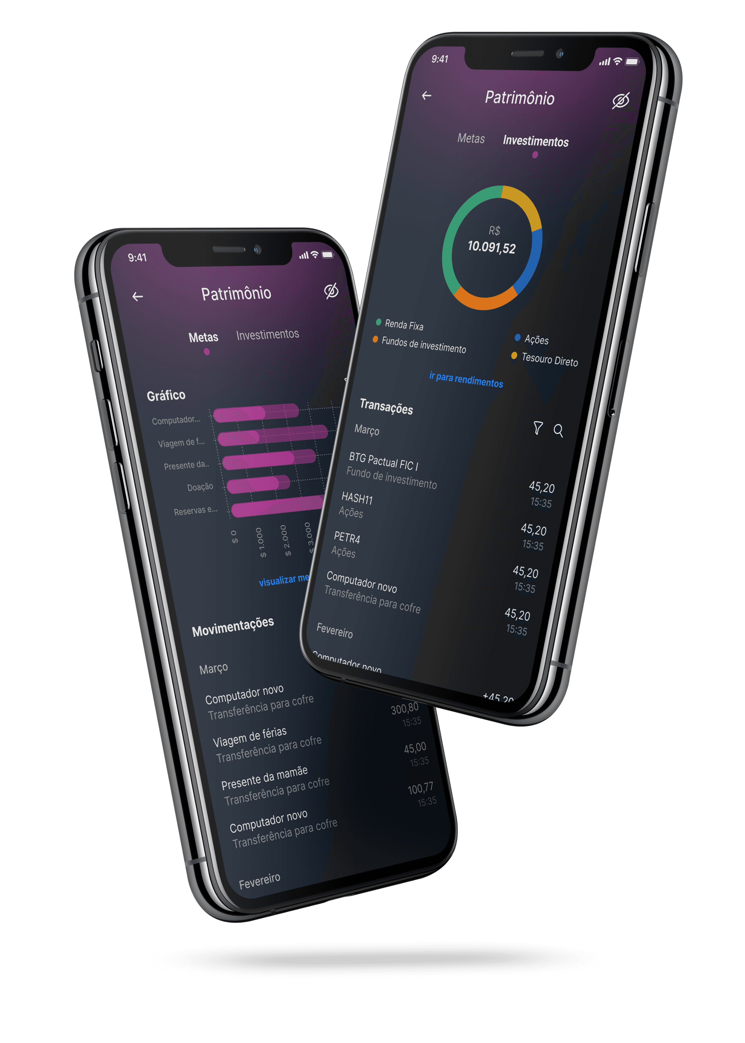 Interfaces de dois celulares mostrando o módulo de investimentos
