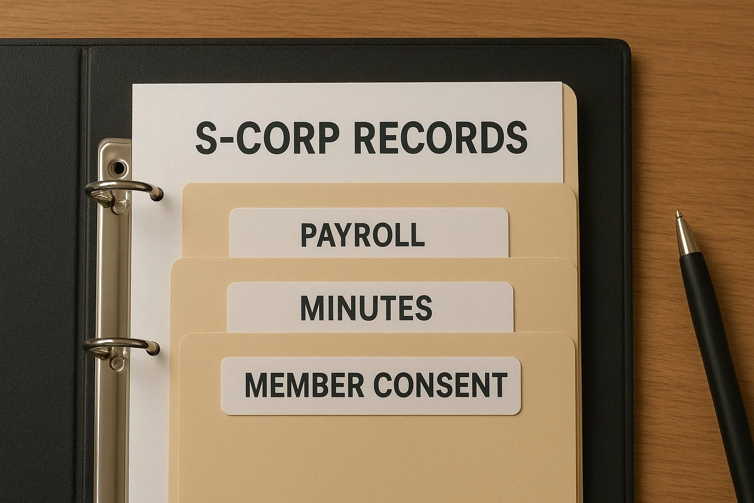Office binder labeled “S-Corp Records” with folders for payroll, meeting minutes, and member consent, symbolizing business compliance and documentation.