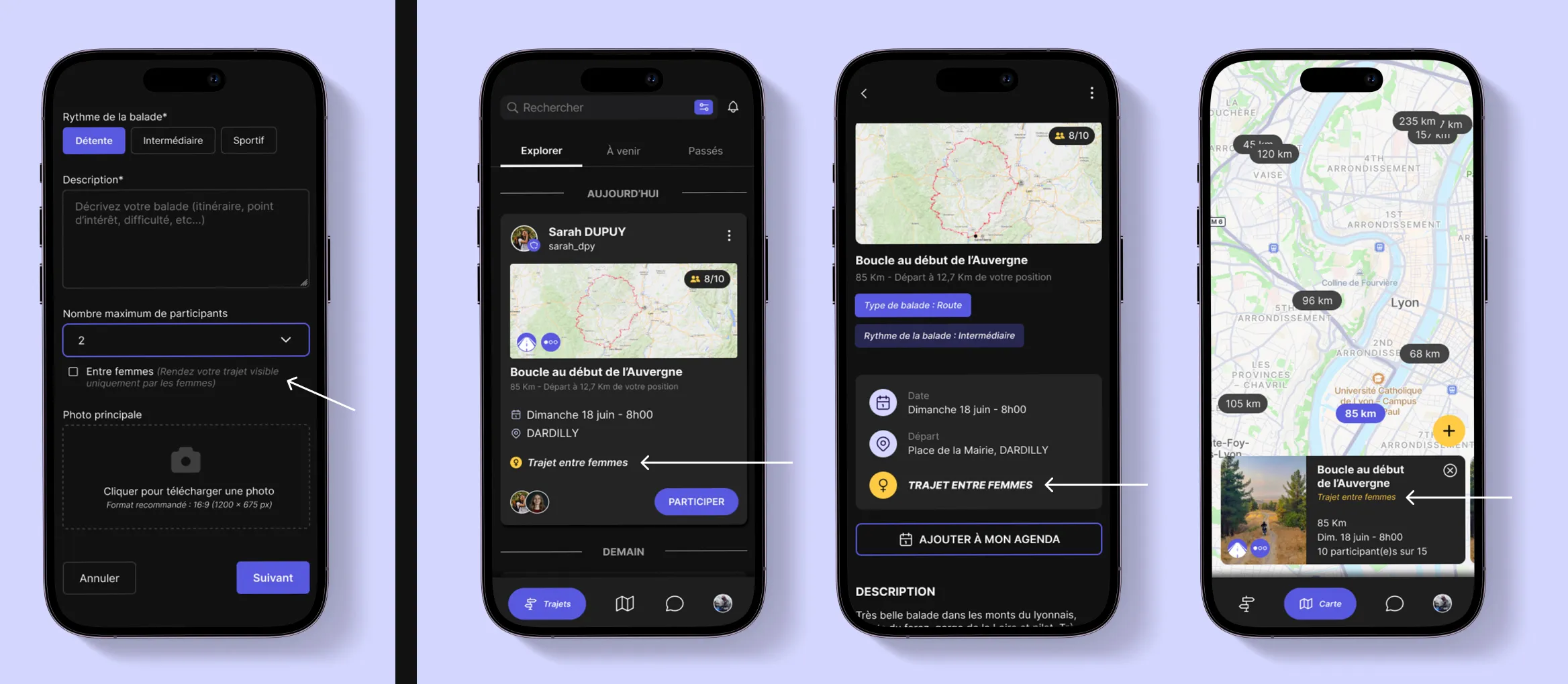 Étapes et affichage d’un trajet entre femmes sur On Wheels : activation, liste des trajets, détail et vue carte