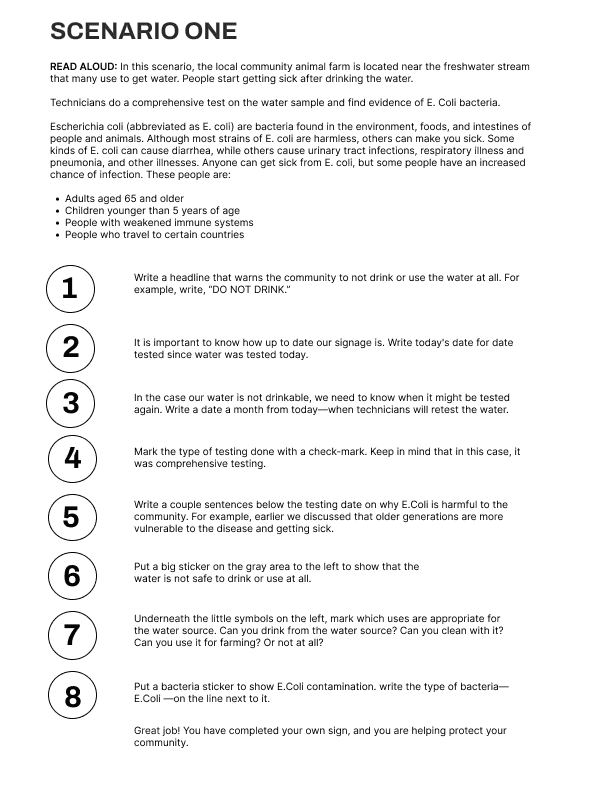 Scenario one instructions, which include an introduction and 8 steps.