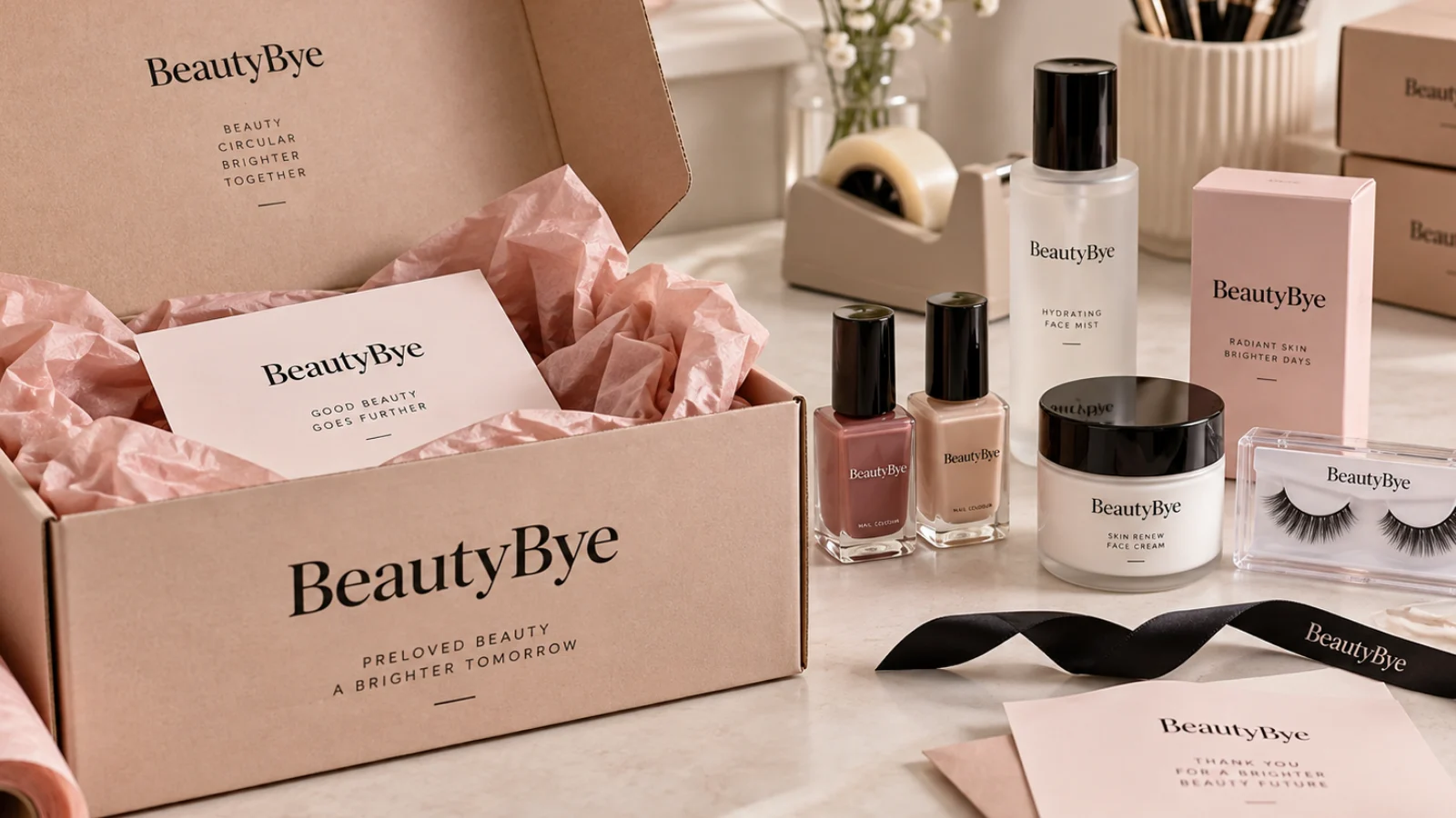 Unused BeautyBye nail products arranged beside a premium resale parcel