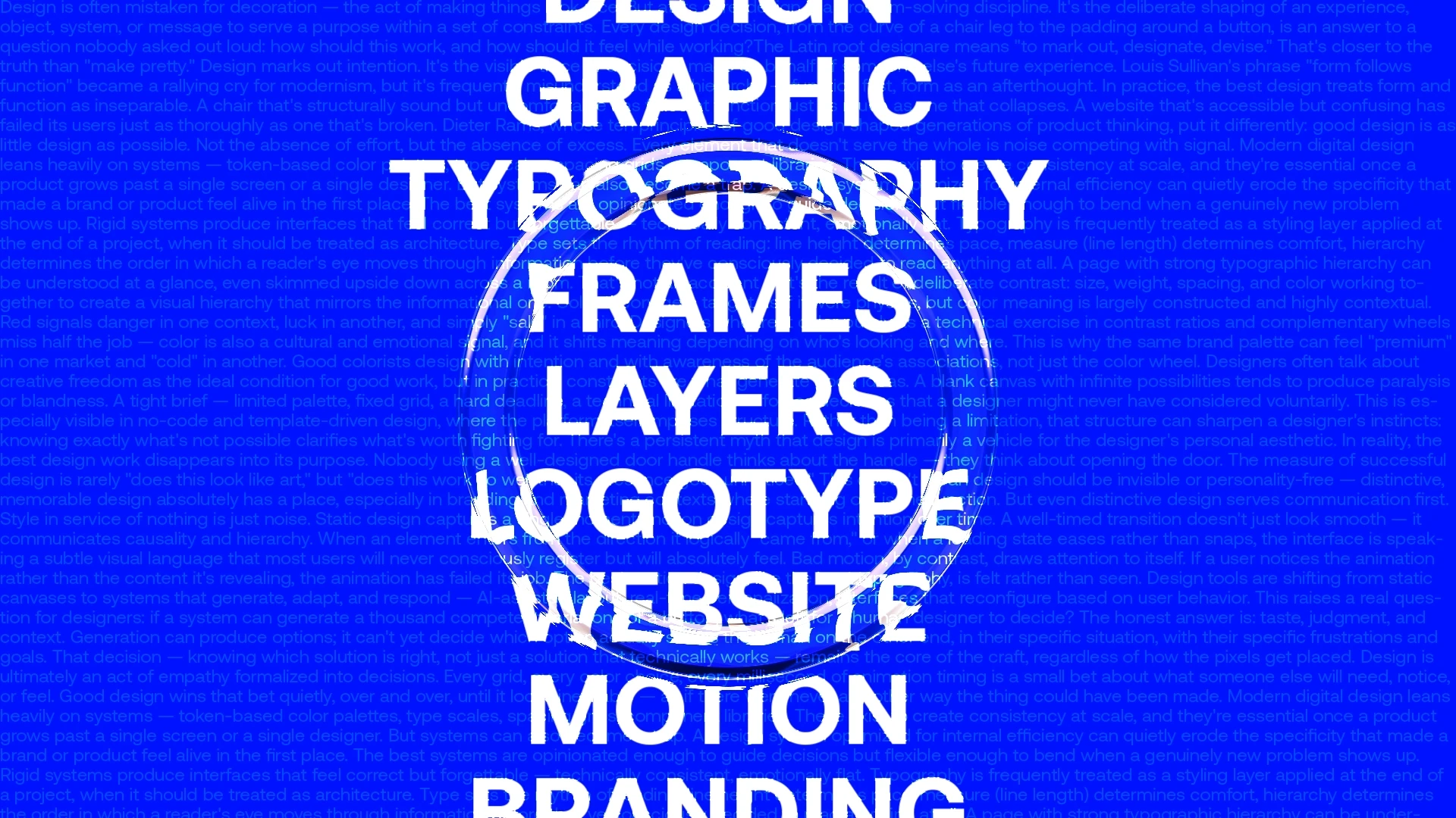 Blue graphic design poster with bold white words—“Design, Graphic, Typography, Frames, Layers, Logotype, Website, Motion”—over a globe.