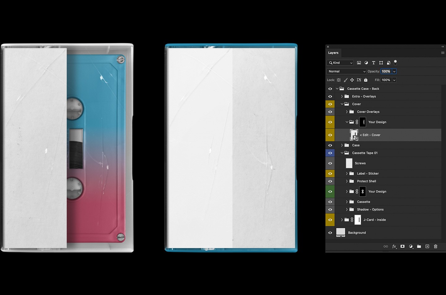 Cassette Case Mockup 02 demonstrating the smart object layer for easy custom artwork placement.