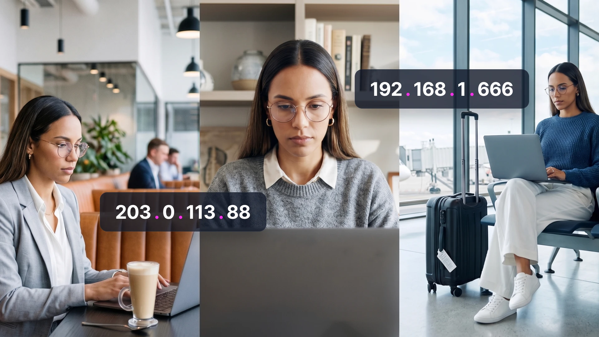 A collage of a professional woman working on a laptop in three different remote locations: a coffee shop, a home office, and an airport lounge. Floating IP address tags over each scene highlight the security risks of shifting network environments and the need for context-aware access policies in hybrid work.