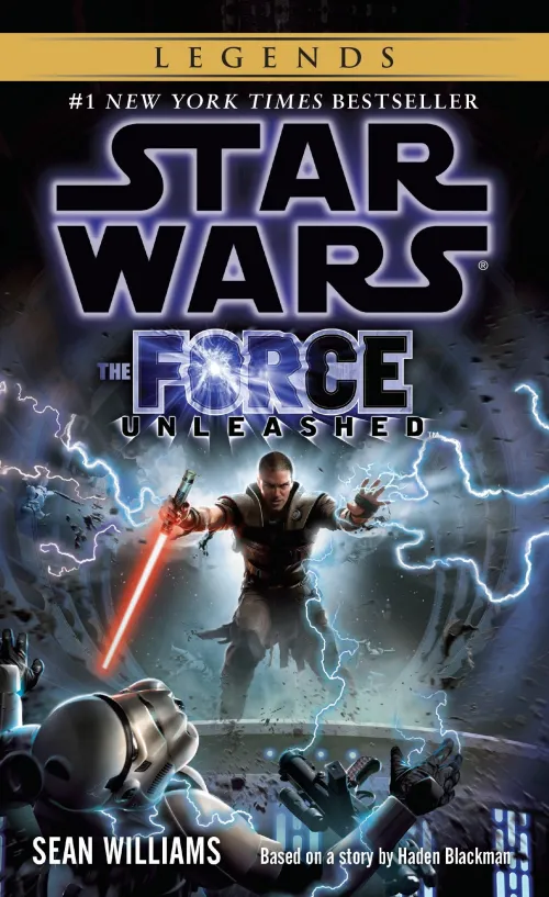 Cover of “Star Wars: The Force Unleashed” by Sean Williams. Features Starkiller, Darth Vader’s secret apprentice, unleashing powerful Force lightning while battling stormtroopers, set in the Star Wars Legends universe.