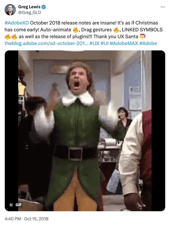 tweet: #AdobeXD October 2018 release notes are insane! It's as if Christmas has come early! Auto-animate 🔥, Drag gestures 🔥, LINKED SYMBOLS 🔥🔥 as well as the release of plugins!!! Thank you UX Santa 🎅 https://theblog.adobe.com/xd-october-2018-update-and-adobe-max/ #UX #UI #AdobeMAX #Adobe