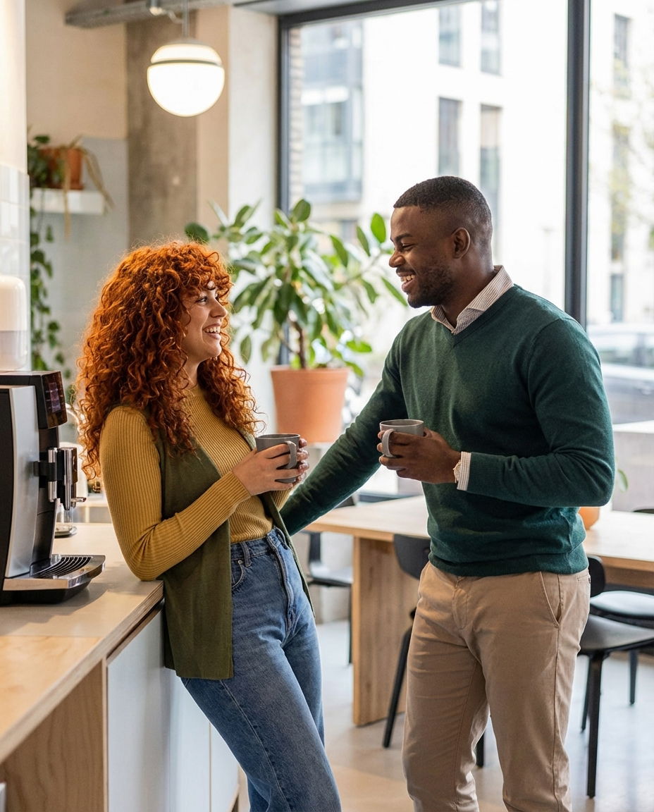 Two coworkers sharing a small friendly interaction representing micro connections.