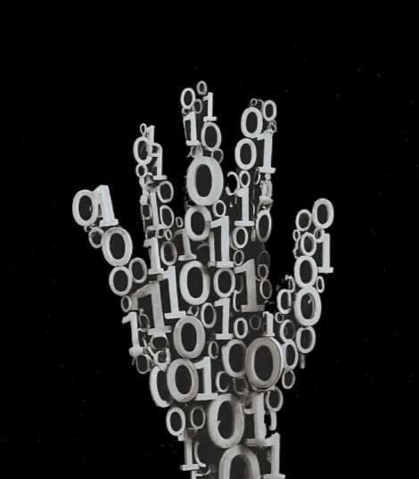 Illustration of human hand made out of 0s and 1s