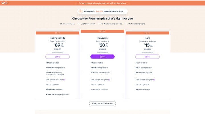 AIStoreBuilder pricing showing Wix Business and eCommerce plans from €15 to €89 per month