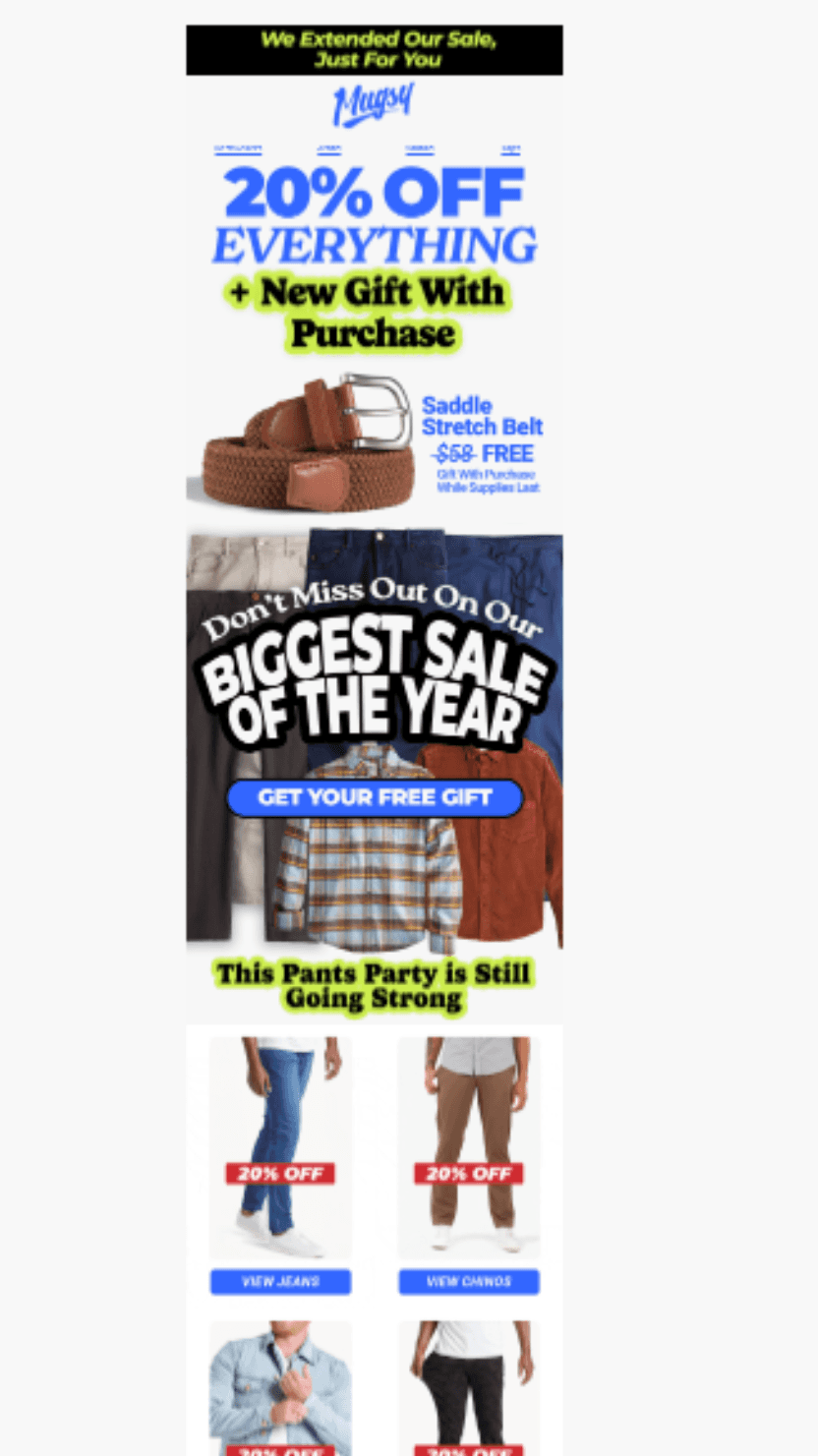 Promotional email featuring 20% off everything with a free saddle stretch belt and highlighted categories like jeans and chinos