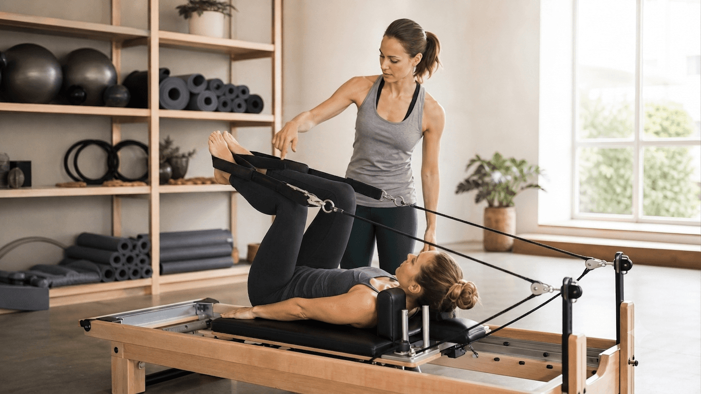 Séance de pilates en studio avec reformer, montrant l'identité visuelle studio pilates
