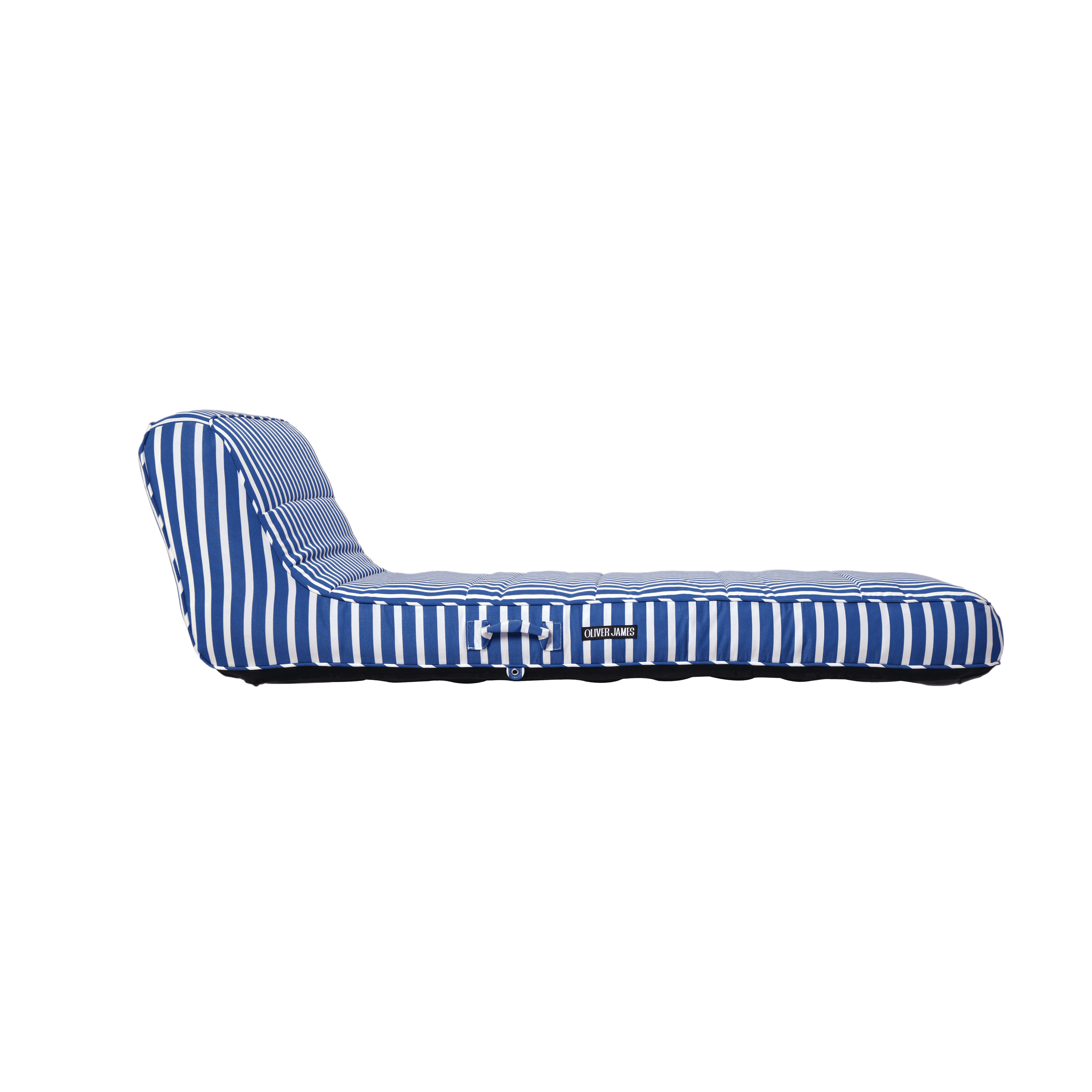 Single pool float showing blue-and-white striped canvas panels and jet-black base