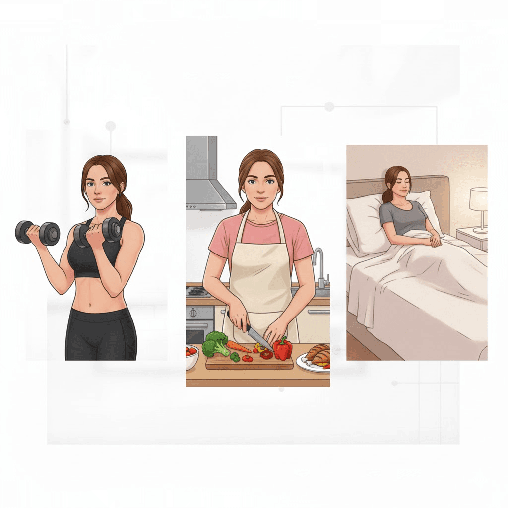 Fitness and wellness lifestyle graphic depicting strength training, healthy meal preparation, and the importance of sleep for recovery.