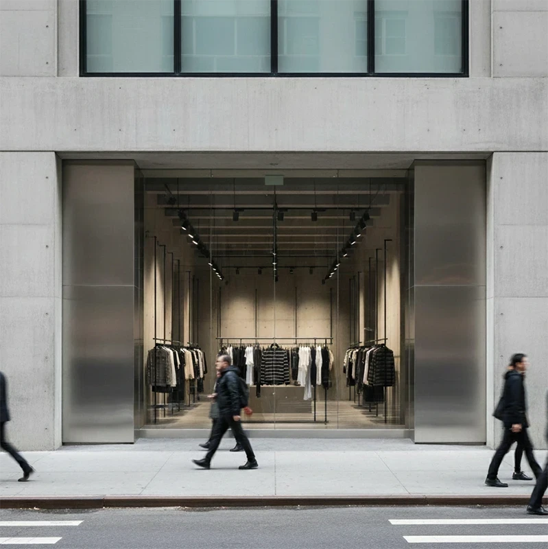 The minimalist, concrete entrance to a modern clothing store