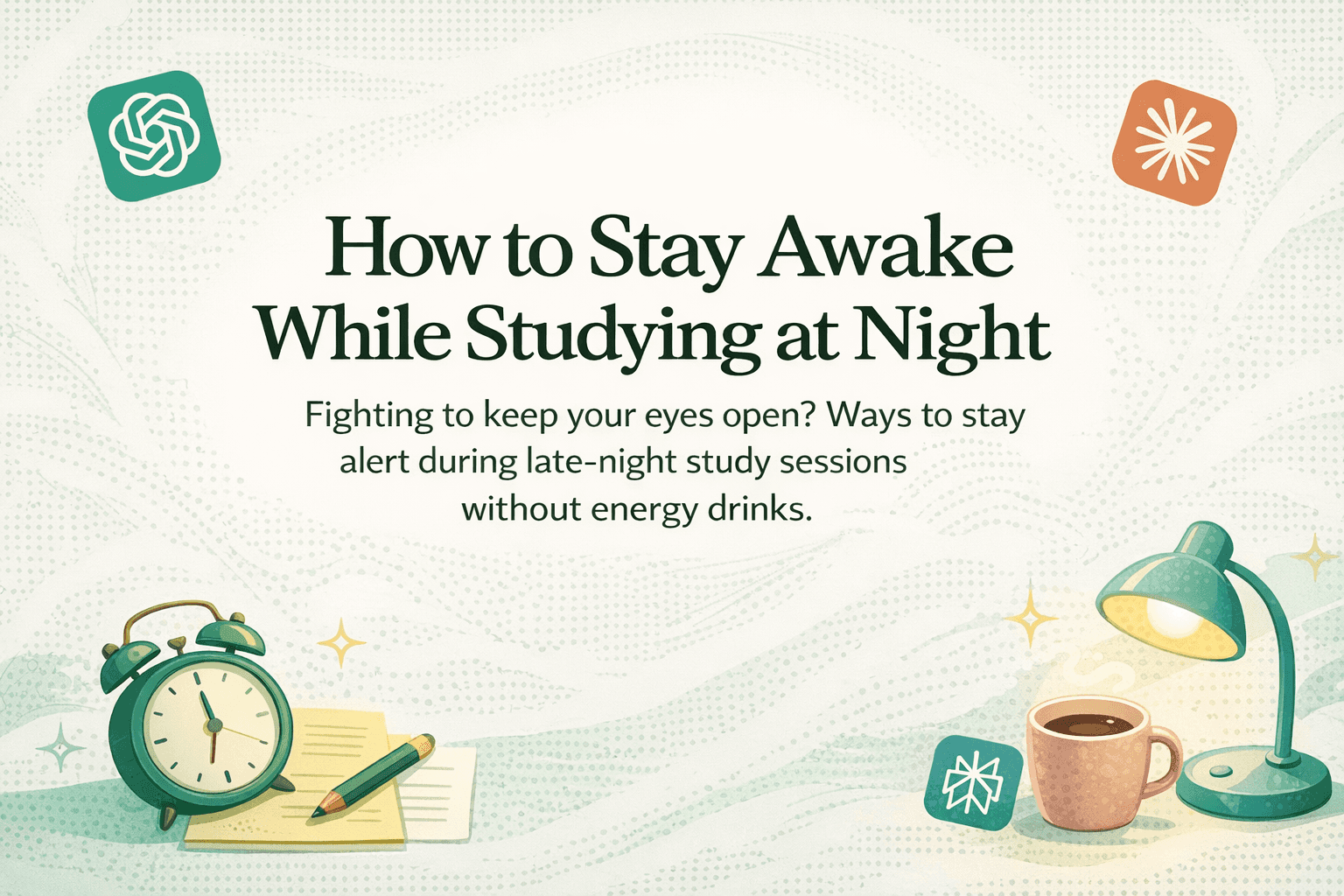 A minimalist poster that says How to Stay Awake While Studying at Night, with a desk lamp, clock, notes, and coffee cup.