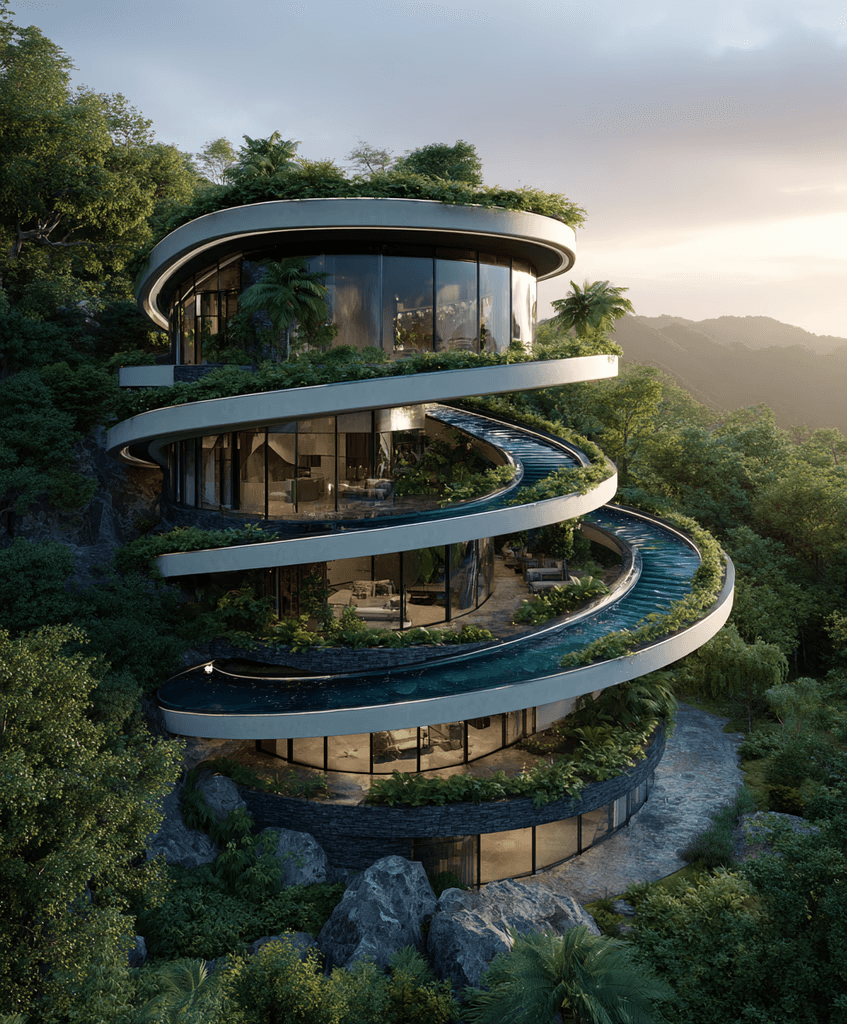 Lush spiral villa with terraced pools integrated into a mountainside.