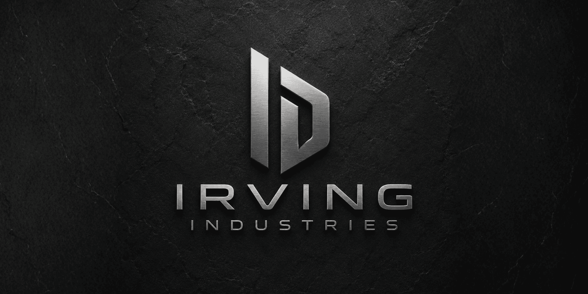 Metallic Irving Industries logo on dark textured background, symbolizing innovation, purpose, and digital business growth.