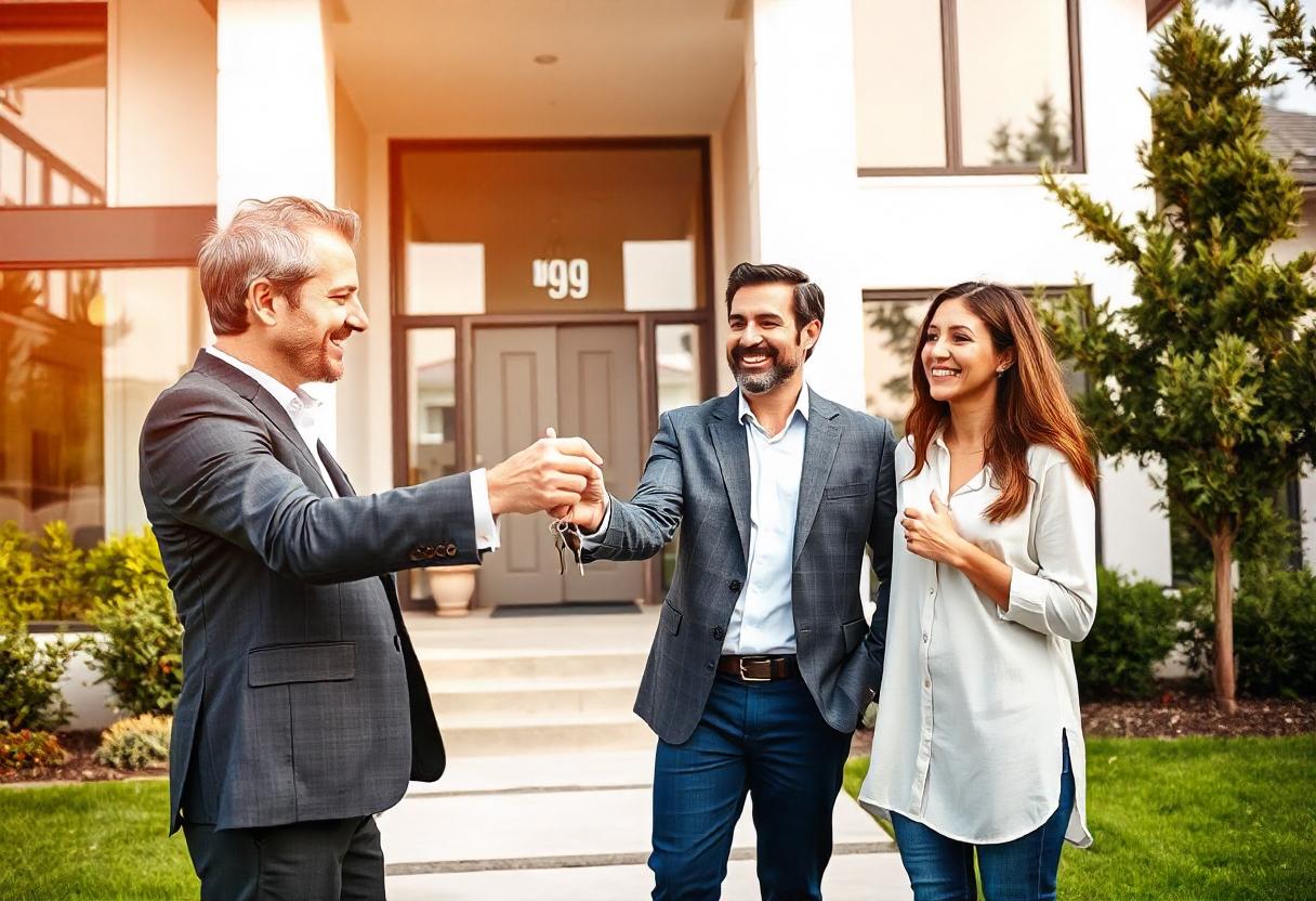 real estate professional handing over the keys to a house to a family