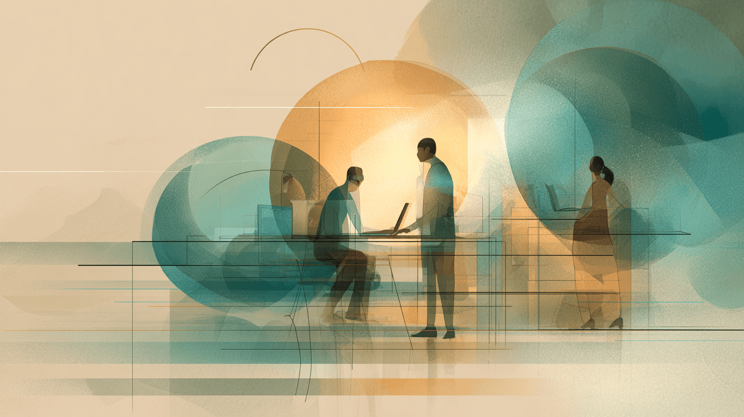 **Alt text (en español):** Ilustración conceptual de un equipo colaborando en la auditoría de una marca digital. Tres figuras estilizadas trabajan alrededor de un escritorio con computadoras portátiles, rodeadas de formas translúcidas en tonos dorados y turquesa que simbolizan las capas de una marca y el proceso de análisis y transformación de un sitio web hacia resultados de negocio.
