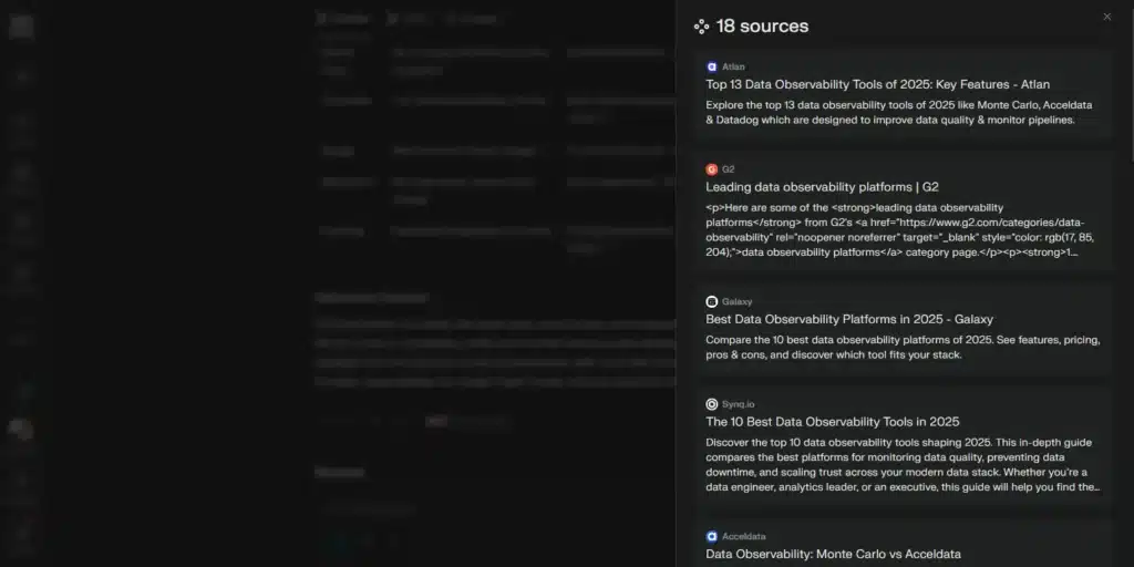 Perplexity's citations menu, showing the references it used to synthesize the answer to a user's query