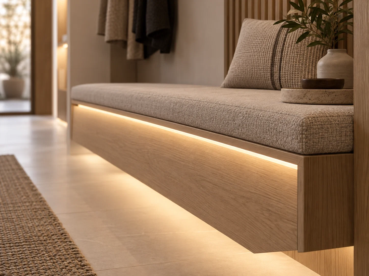 Rétroéclairage chaud d'une niche de meuble en bois avec un ruban LED COB 8 mm