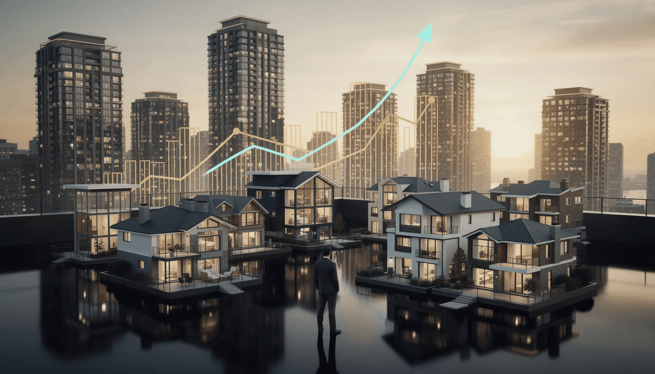A visual representation of real estate as a tool for wealth-building, including houses and investment properties.