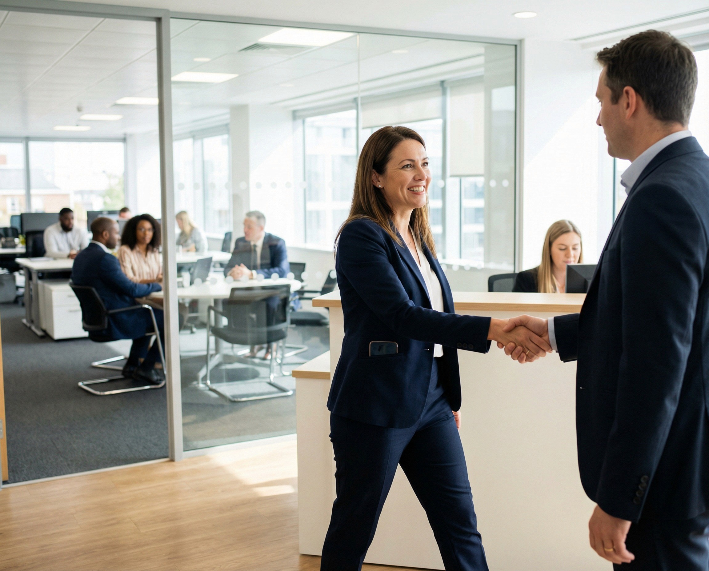 A HR director in her mid-40s walking through the reception area of a mid-sized professional services firm during a normal business morning, greeting a client or visitor with a warm handshake and a genuine smile. She is mid-stride, confident, present, and fully engaged in the human interaction. Behind her, visible through a glass wall, the open-plan office is operating normally — consultants at desks, a meeting in progress, the quiet hum of billable work.