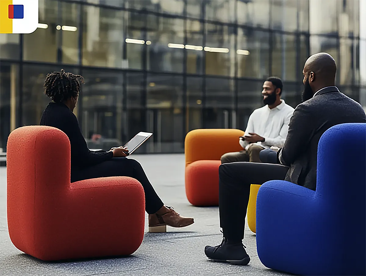 The three people were discussing matters, each sitting on a colorful modern sofa.