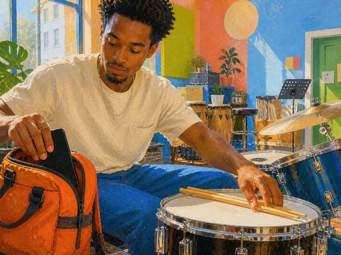 A drummer puts a distracting phone into a bag and reaches for drumsticks to begin practicing.