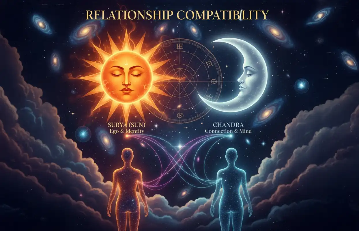A cosmic illustration titled "Relationship Compatibility," showing a radiant Sun (Surya) above a glowing human figure representing ego and identity, connected by flowing lines to a serene Moon (Chandra) above another glowing figure representing emotional connection and mind, all set against a starry sky with astrological symbols.