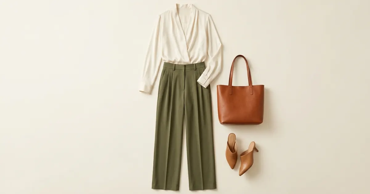 Olive green pleated wide-leg trousers laid flat with a cream silk blouse, tan heeled mules and a cognac leather tote on a warm ivory surface