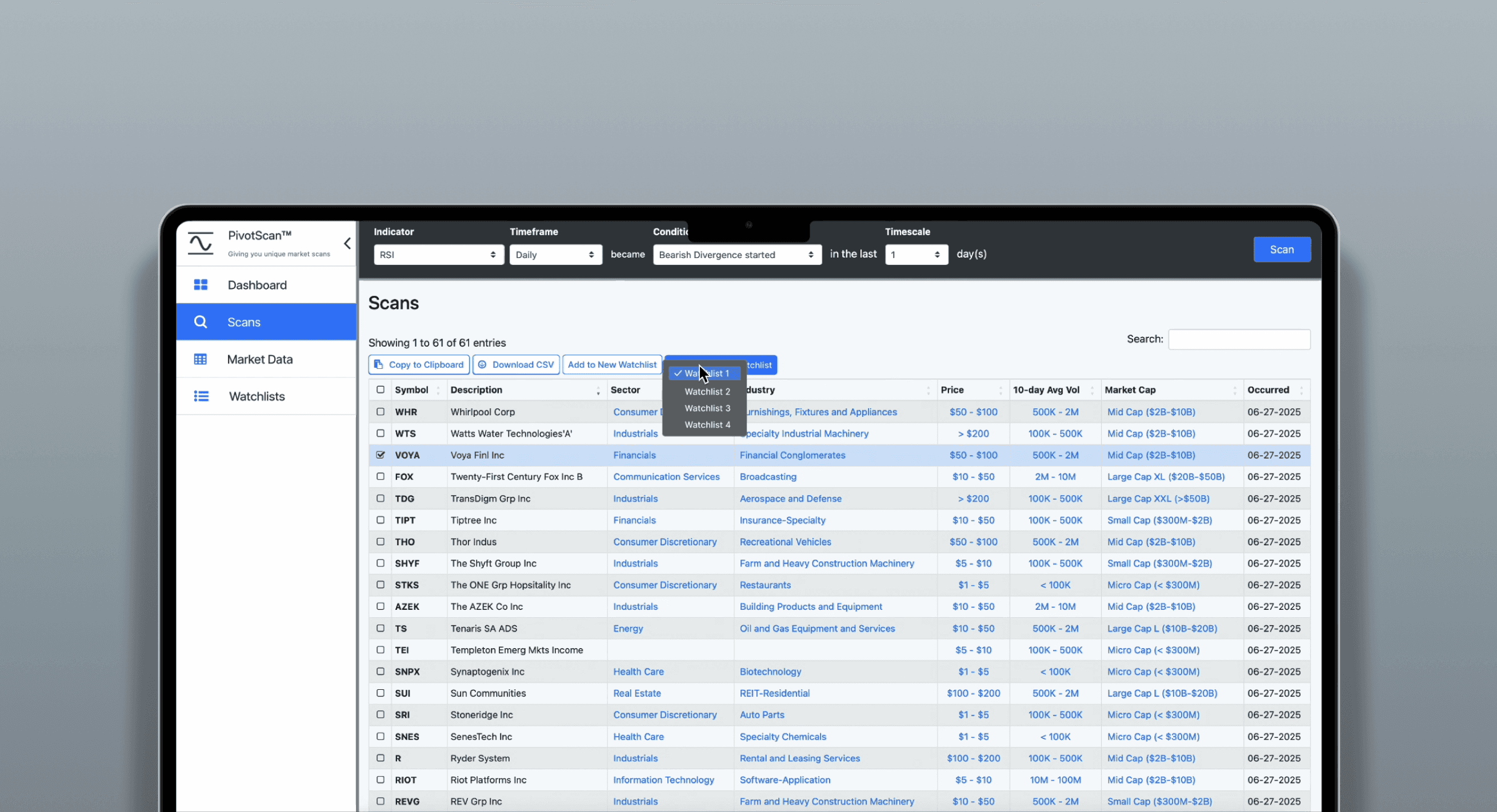 Watchlist sortable rows UI