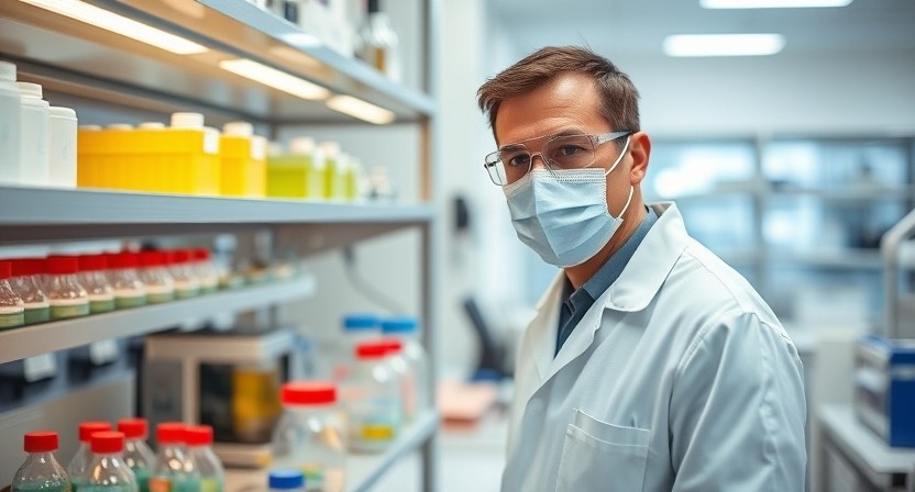 A man wearing a lab coat and glasses stands in front of a shelf filled with various scientific equipment and supplies.