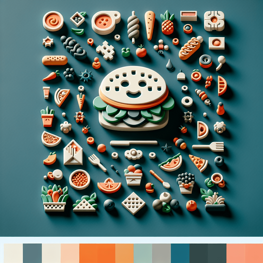 Verspielte 3D-Illustration eines lachenden Burgers im Zentrum, umgeben von zahlreichen Miniatur-Symbolen aus der Food-Welt: Pommes, Obst, Gemüse, Süßspeisen und Küchenutensilien – mit einer harmonischen Farbpalette am unteren Rand. Ideal zur Visualisierung von Food-Kategorien oder Gamification.