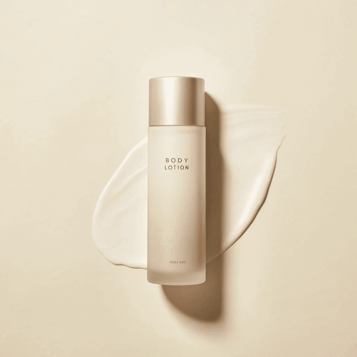 A sleek, frosted bottle of body lotion with minimalistic packaging sits elegantly against a smooth, cream-colored background and a subtle smear of lotion, highlighting the product's luxurious and hydrating qualities.