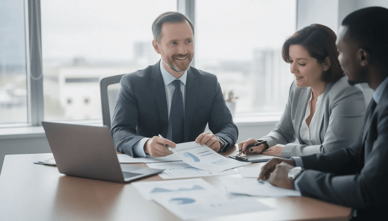 A professional advisor is seated at a desk with clients, discussing important documents related to estate planning and inheritance tax. The meeting highlights the complexities of managing inherited assets and understanding the implications of federal and state inheritance taxes on a deceased person's estate.