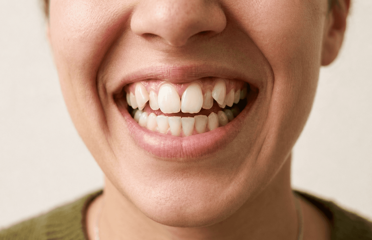 Close-up of crowded upper teeth showing dental misalignment and limited eruption space.