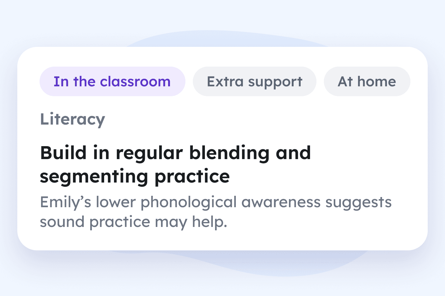 Talamo’s How to support panel with tabs for In the classroom, Extra support and At home, showing a literacy activity from a sample report: ‘Build in regular blending and segmenting practice’, with the reason it was suggested.
