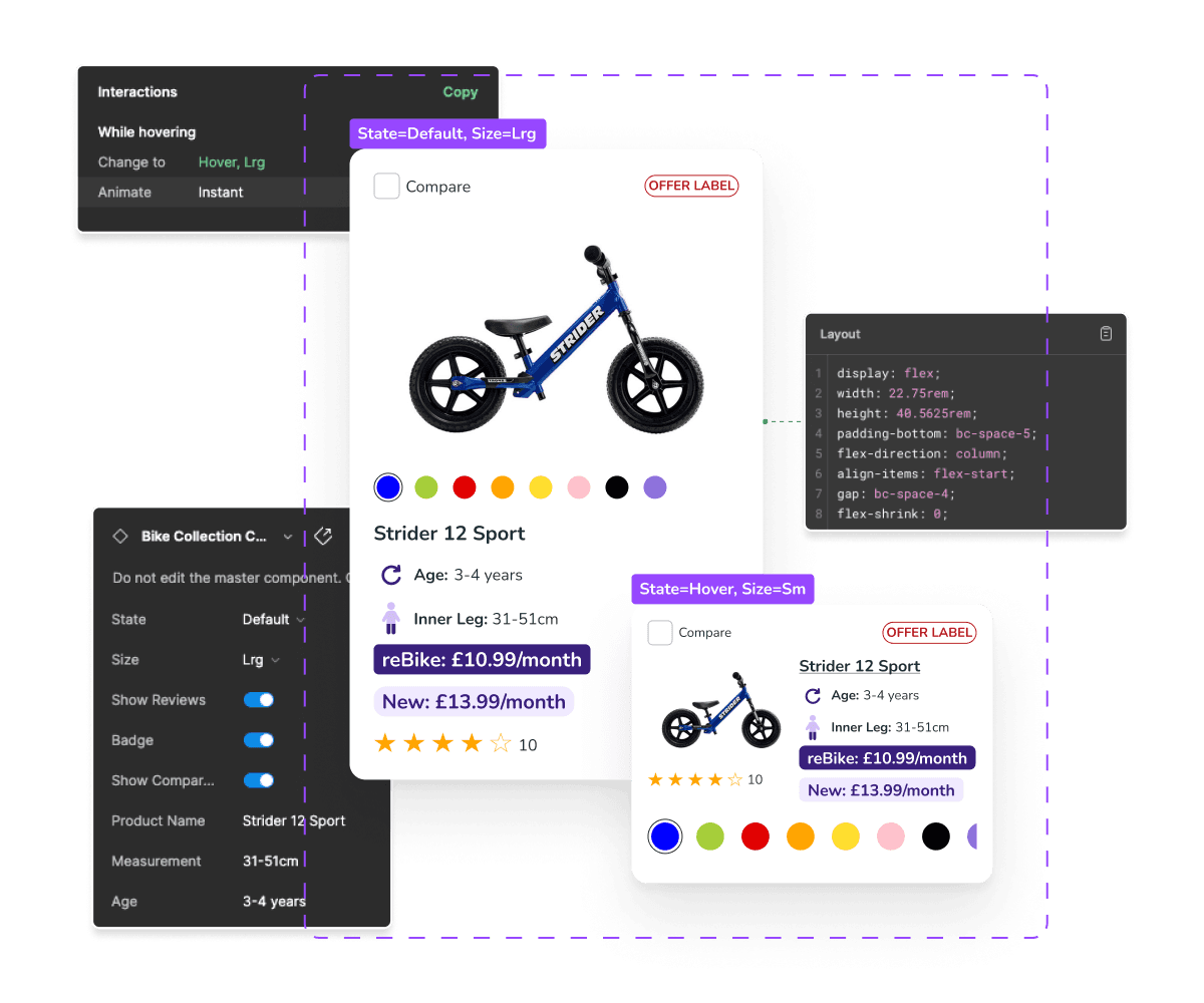 Product card component with associated properties