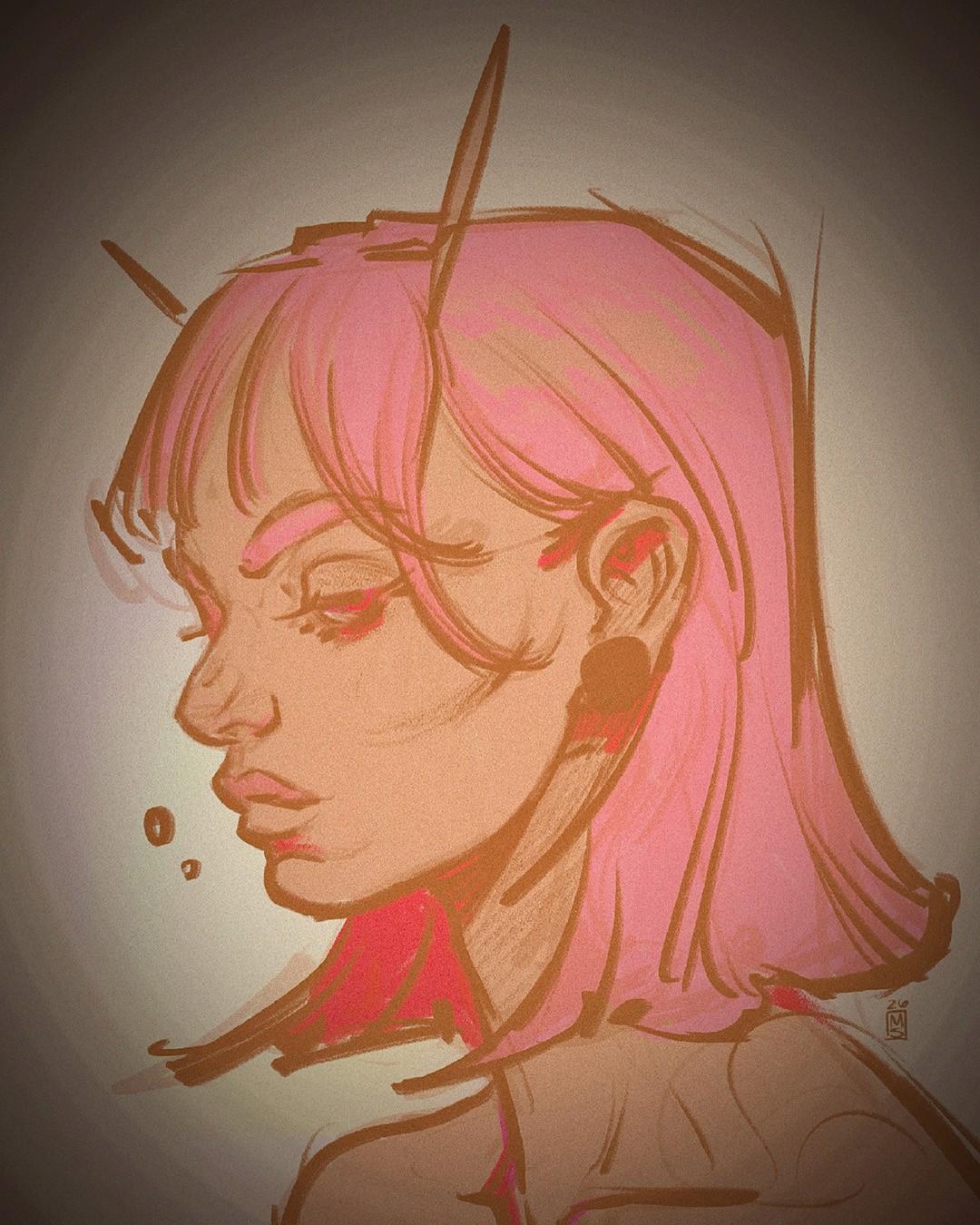 drawing of a girl with pink hair by artsits Two Soft Peaches Studio