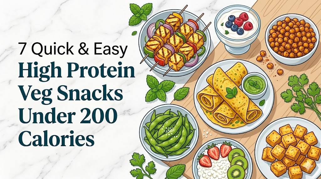 Top-down view of seven healthy vegetarian high-protein snacks arranged on a marble counter and wooden cutting board. Includes paneer tikka skewers, Greek yogurt with berries, roasted chickpeas, moong dal cheela with chutney, edamame, cottage cheese with kiwi and strawberries, and baked tofu cubes. Fresh herbs are scattered around, and text overlay on the left reads: “7 Quick & Easy High Protein Veg Snacks Under 200 Calories.”