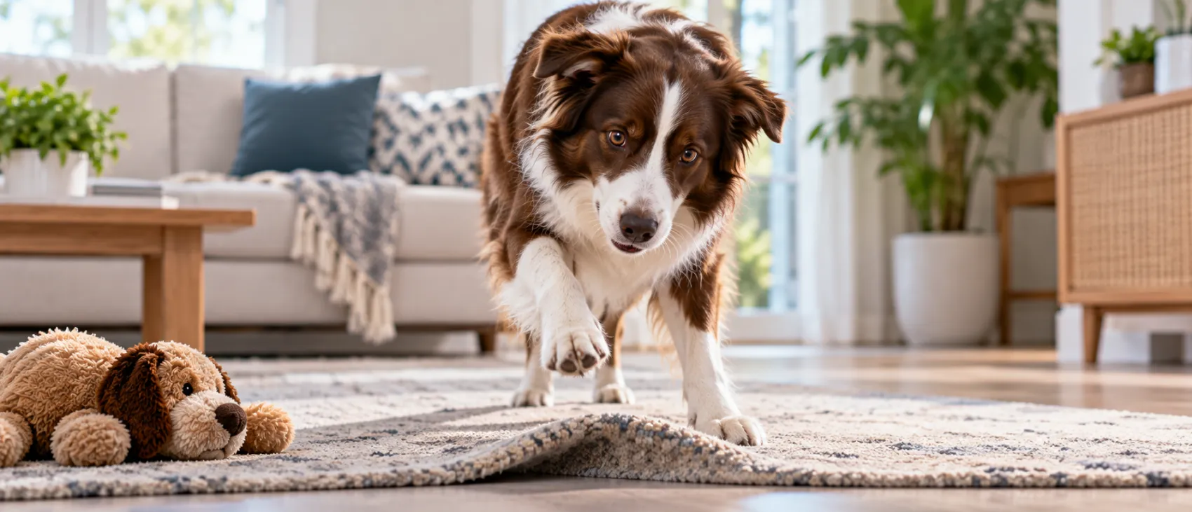 A Border Collie walking indoors with one front paw raised.