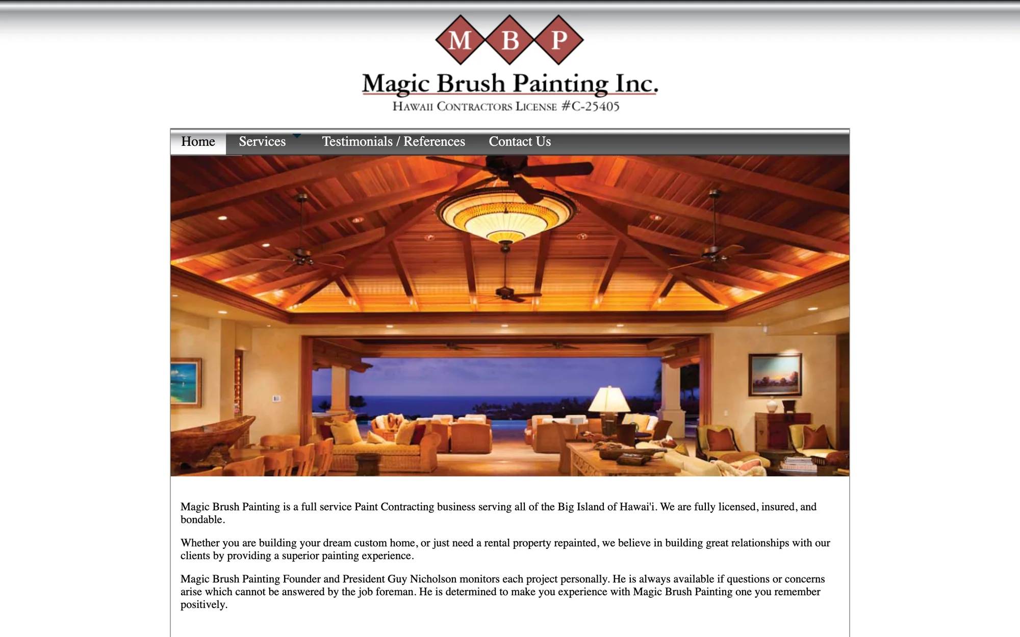 Before: the old Magic Brush Painting homepage, with the three-diamond MBP logo (archived April 2025)