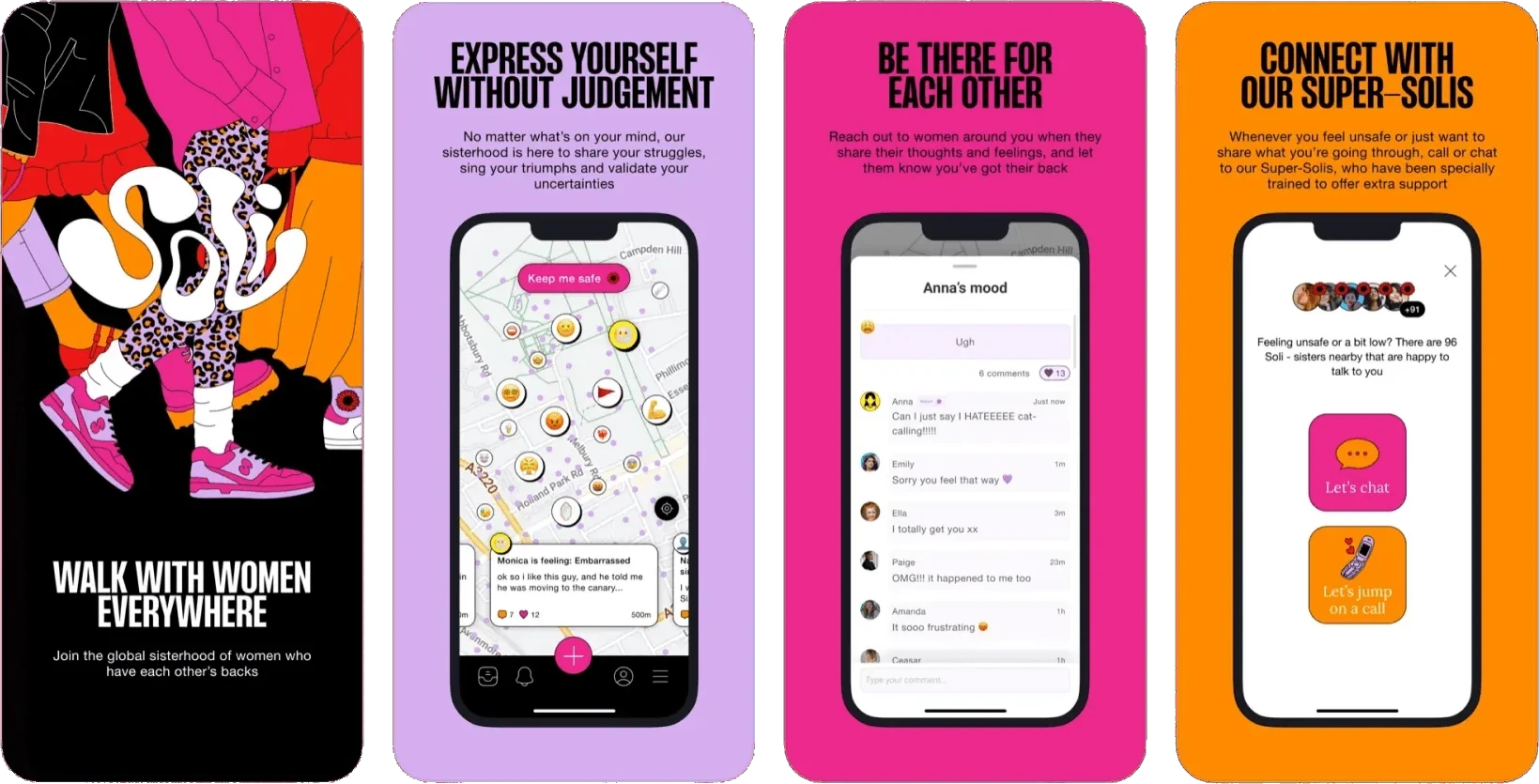 SOLI - Women's Safety App onboarding screens