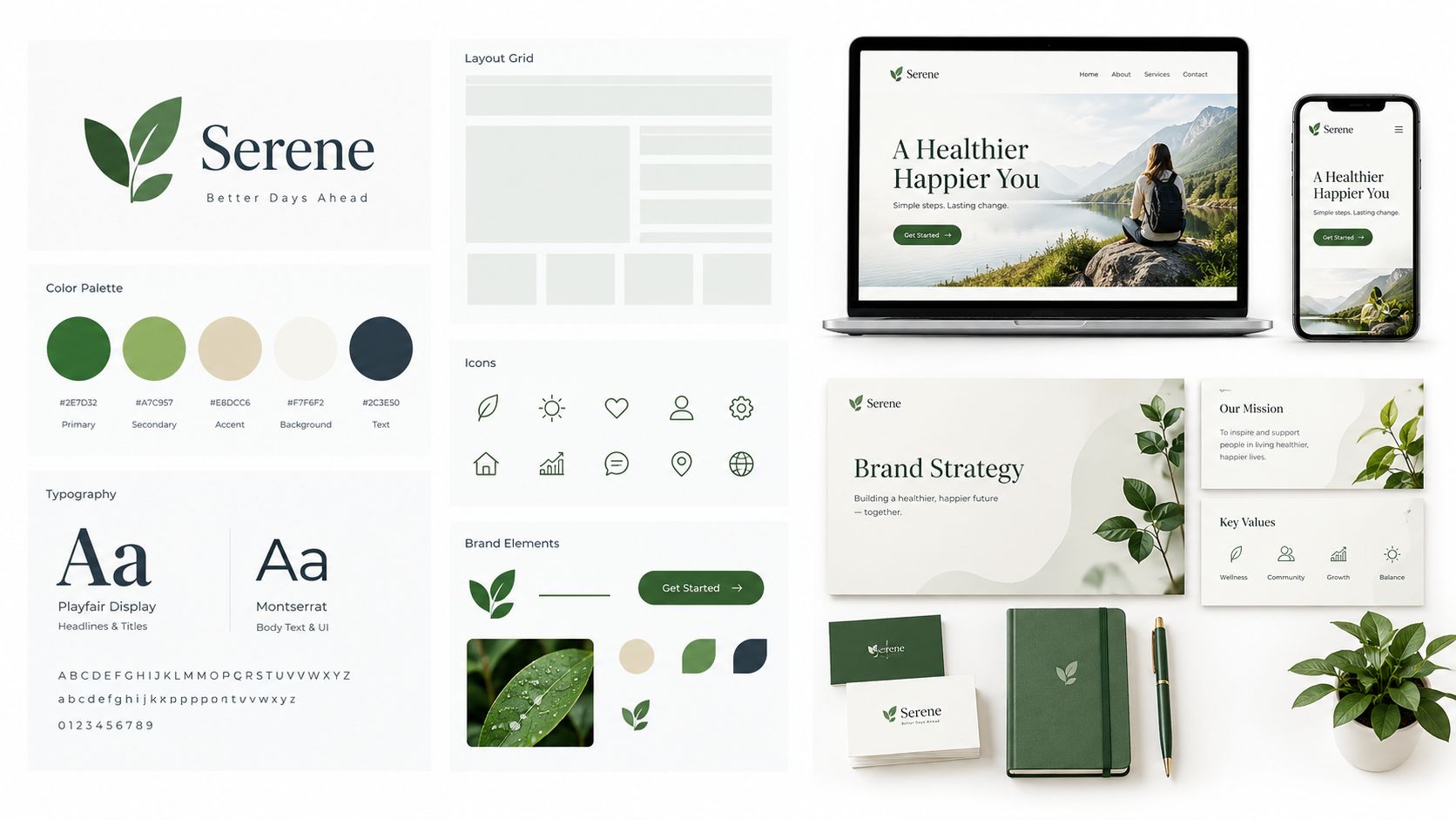 A comprehensive brand identity kit for Serene, showcasing logo, typography, color palette, and digital brand assets.