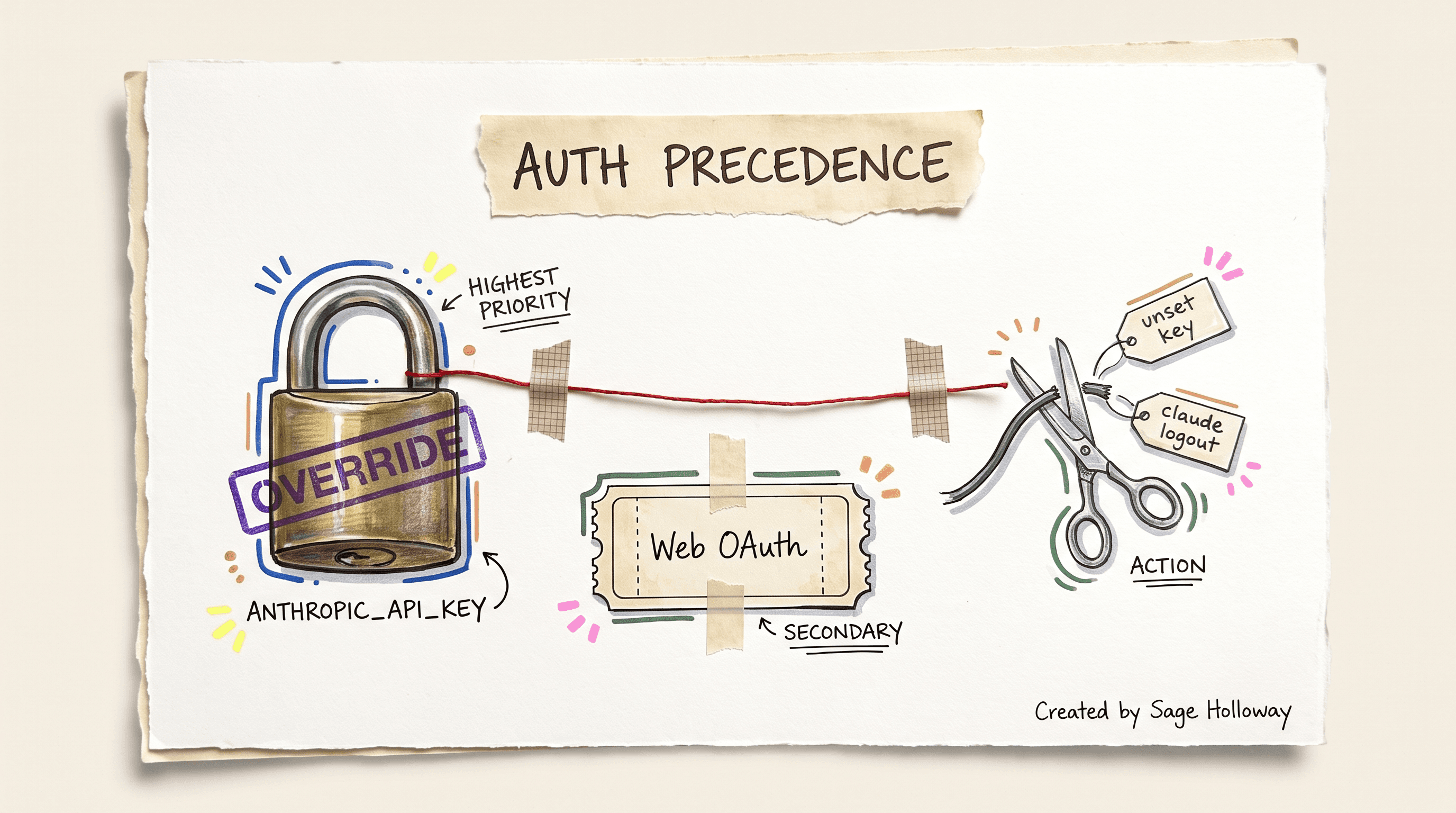 Scrapbook diagram of Claude Code authentication precedence showing ANTHROPIC_API_KEY overriding web OAuth and safe decoupling steps