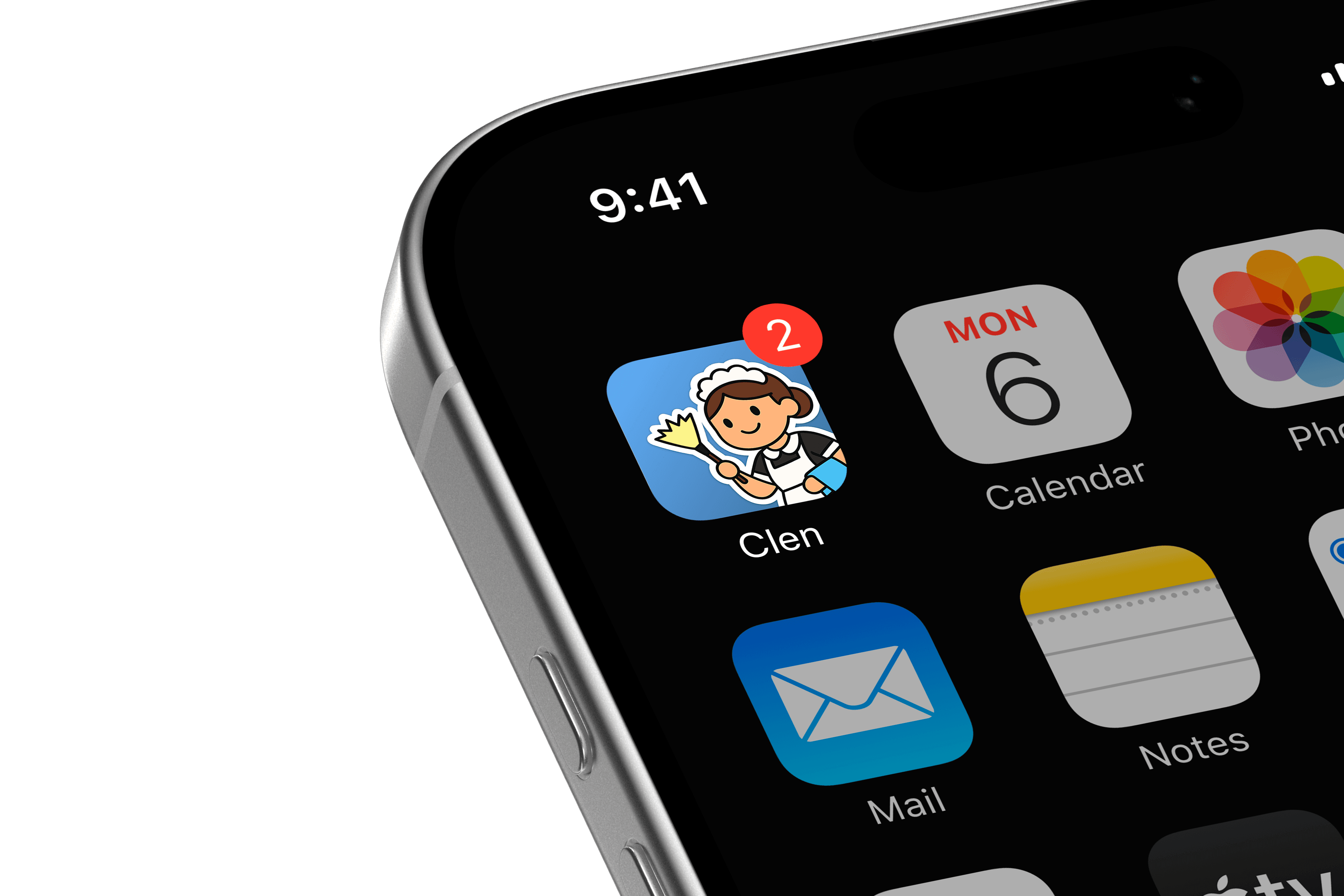 iPhone home screen mockup featuring the Clen app icon as part of the mobile brand presentation.