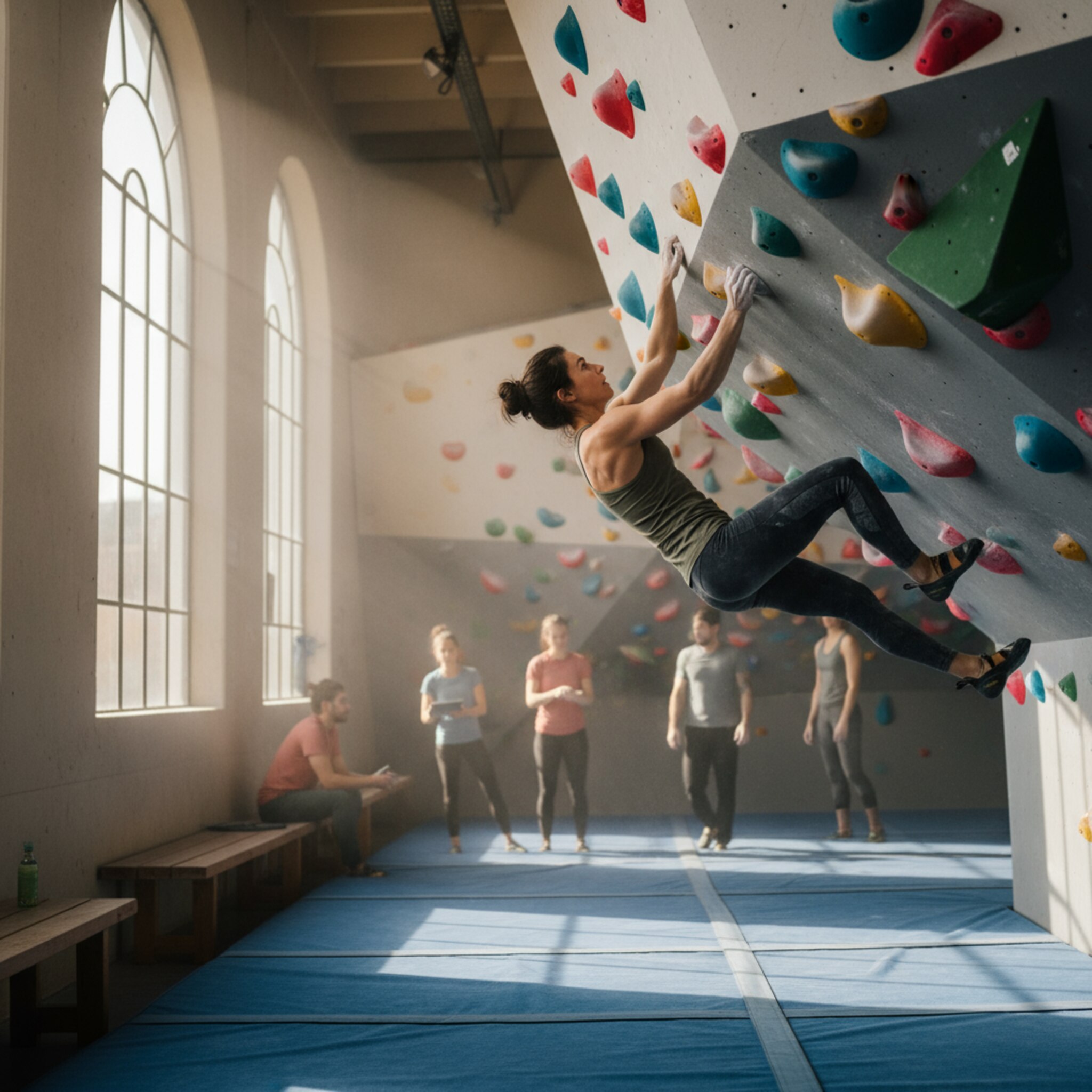 Mildes Morgenlicht fällt durch hohe Fenster auf farbige Griffe, während eine Kletterin konzentriert an einer überhängenden Linie arbeitet. Kreide staubt leicht in der Luft, die Matte darunter wirkt aufgeräumt. Im Hintergrund bewegen sich wenige Menschen ruhig durch die Halle. Die Szene strahlt Fokus, Ruhe und sportliche Spannung aus.