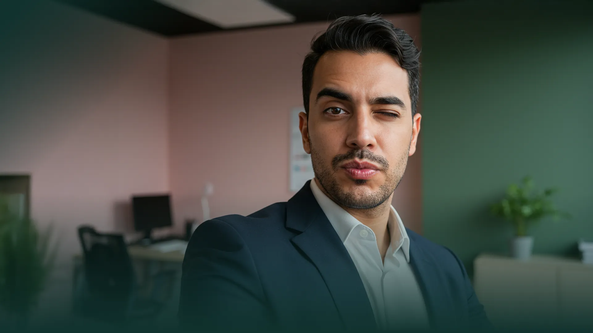  Homme en tenue professionnelle dans un bureau, expression assurée et décalée, illustrant une approche non conventionnelle du recrutement.